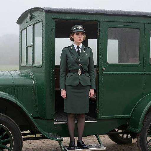Photograph of a serious young woman in a dark green vintage railway conductor uniform standing at the open door of a matching green train carriage.