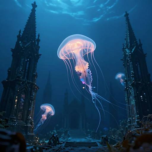 Photograph of glowing blue jellyfish floating in a dark, underwater, Gothic cathedral-like structure with tall, spire-like towers.