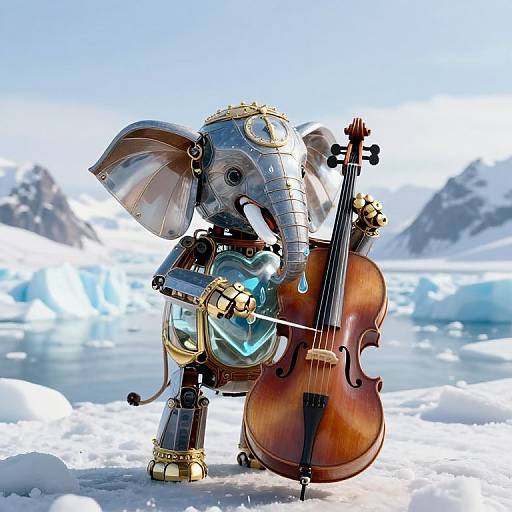 Steampunk-style, metallic elephant robot playing a cello on a snowy ice landscape with mountains in the background. Digital artwork.