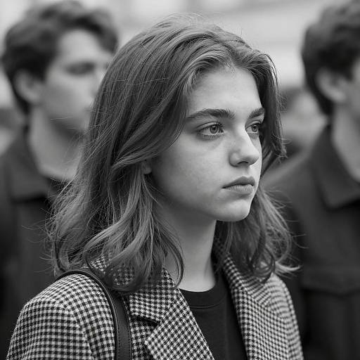 Pensive Young Woman in Checkered Coat