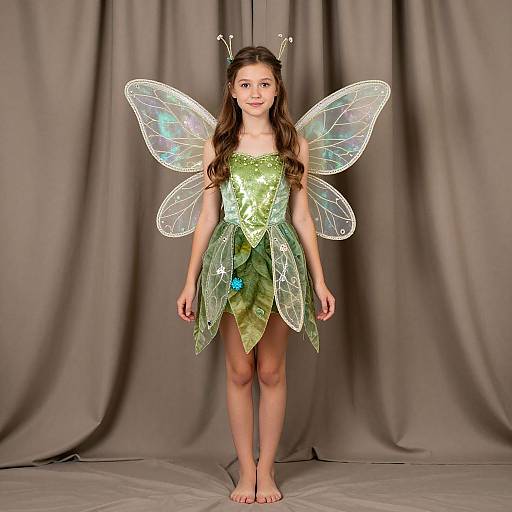 Photograph of a young girl with long brown hair, wearing a green sequin fairy dress, transparent iridescent wings, and small antennae,
