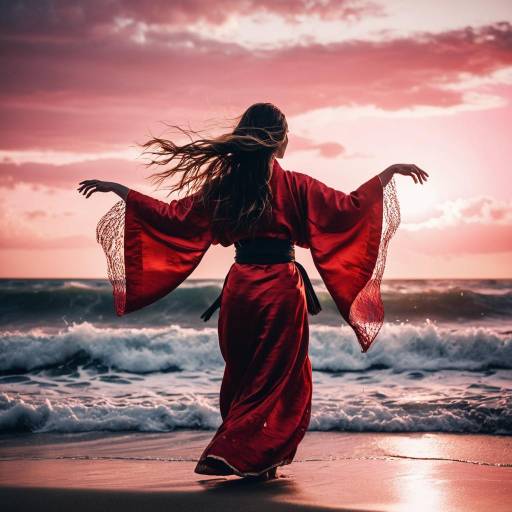 Woman in Red Kimono Dancing by Ocean at Sunset