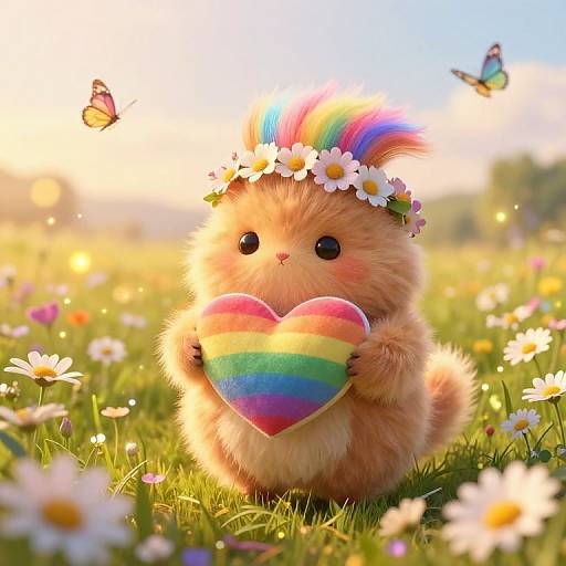 Cute, fluffy, orange hamster with rainbow mohawk and flower crown, holding rainbow heart, in sunlit meadow with butterflies and dais