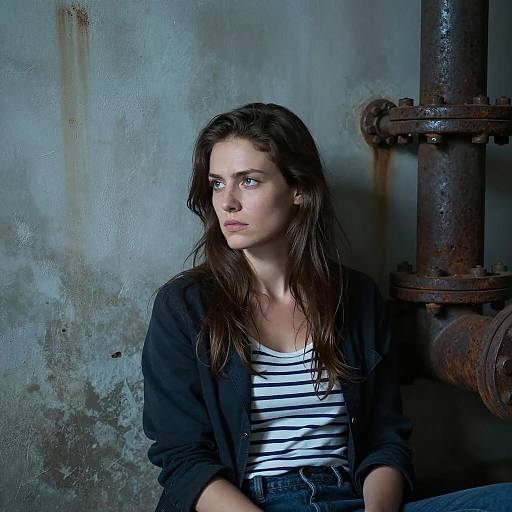 Serious Woman Against Industrial Backdrop