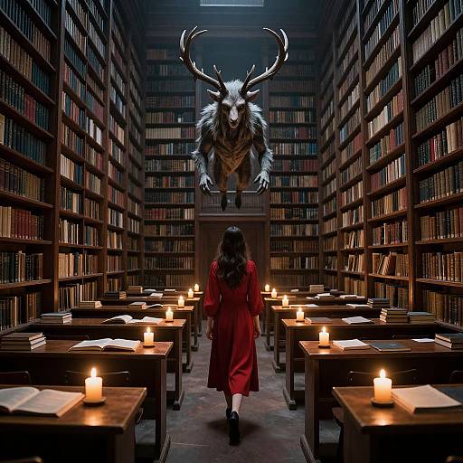 Surreal Library with Antlered Creature