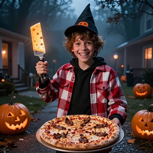 Photograph: Smiling boy in red plaid jacket, black hoodie, and witch hat holding cheese knife, presents pumpkin pizza outdoors at dusk, surrounded