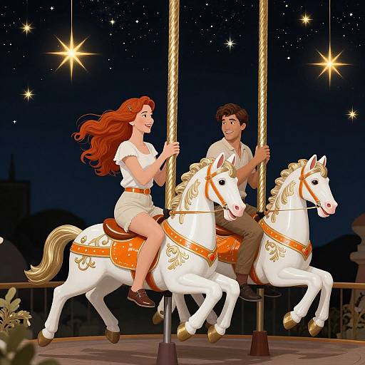 Digital illustration of a red-haired woman and brown-haired man riding white, ornate carousel horses under a starry night sky.