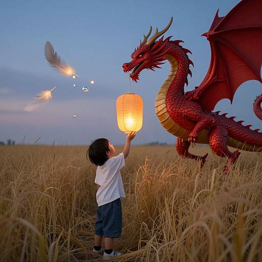 Photograph of a young boy in a white shirt and blue shorts, holding a glowing lantern, interacting with a red dragon in a golden field at twilight