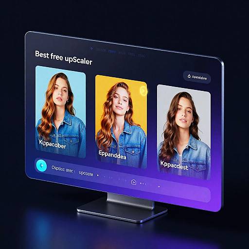 Photograph of a computer screen displaying three portrait photos of a woman with wavy brown hair in denim shirts, labeled 