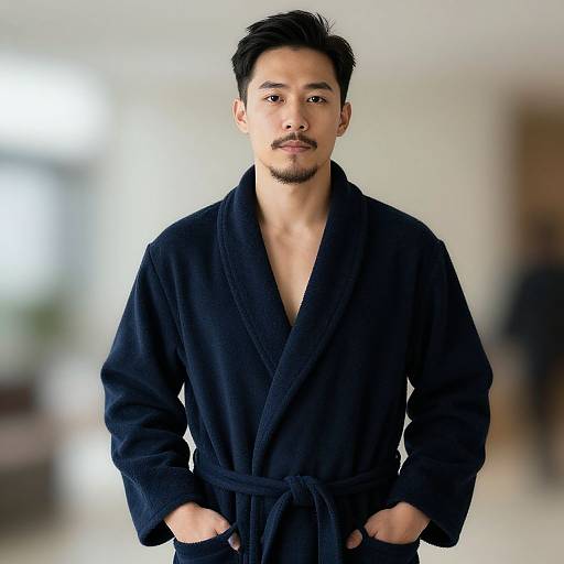 Photograph of an Asian man with short black hair and a trimmed beard, wearing a black bathrobe, standing indoors with a blurred background.
