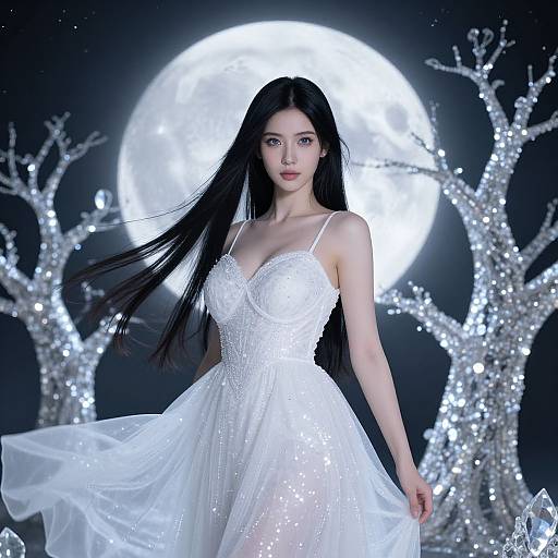 Photograph of an East Asian woman with long black hair in a white, sparkling, spaghetti-strap dress, standing before a glowing full moon and silver