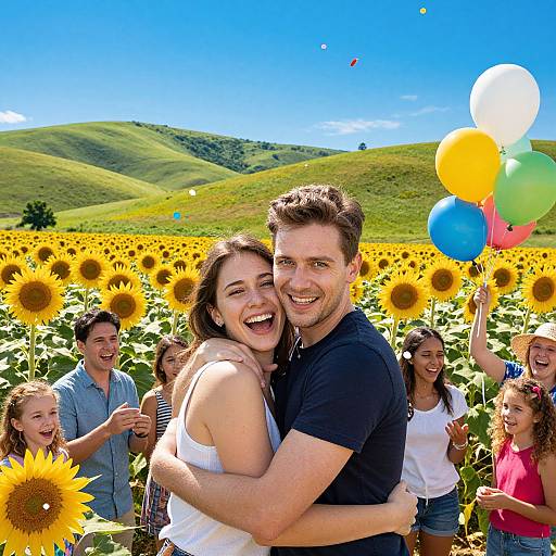 Photograph of a smiling couple hugging in a sunflower field, surrounded by friends holding balloons, with green hills and bright blue sky in the background