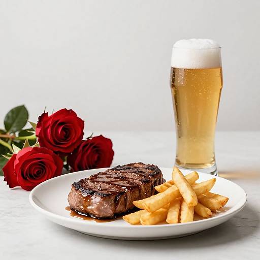 Photograph of a plate with a grilled steak, golden fries, and a foamy beer, accompanied by vibrant red roses.