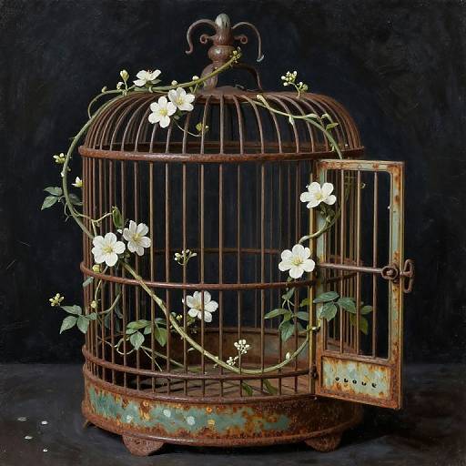Vintage Birdcage with Vines and Flowers