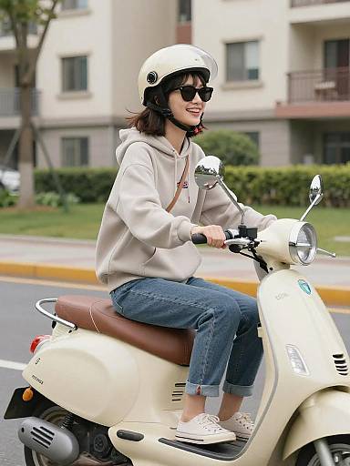 Young Woman Riding Vintage Scooter