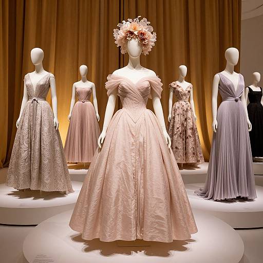 Photograph of six headless mannequins wearing elegant, pastel-colored evening gowns with intricate fabrics and floral headpieces, displayed against golden