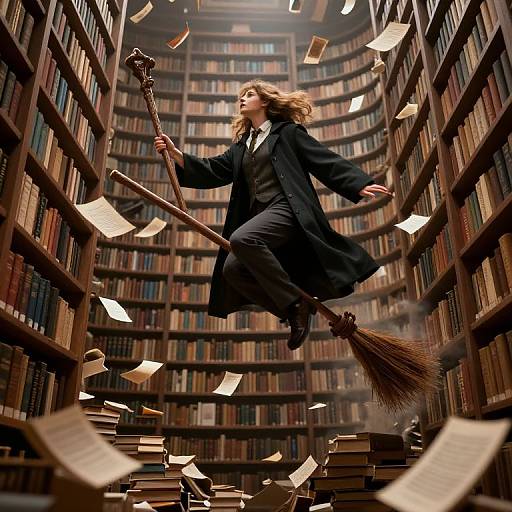 Librarian Soaring Through Surreal Library