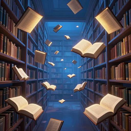 Photograph of a magical library with floating, glowing open books suspended mid-air between rows of dark wooden bookshelves under blue lighting.