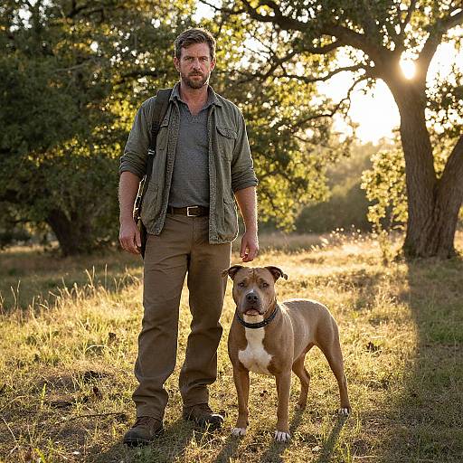 Photograph of a bearded man in a green jacket and brown pants standing with a brown and white boxer dog in a sunlit, grassy field