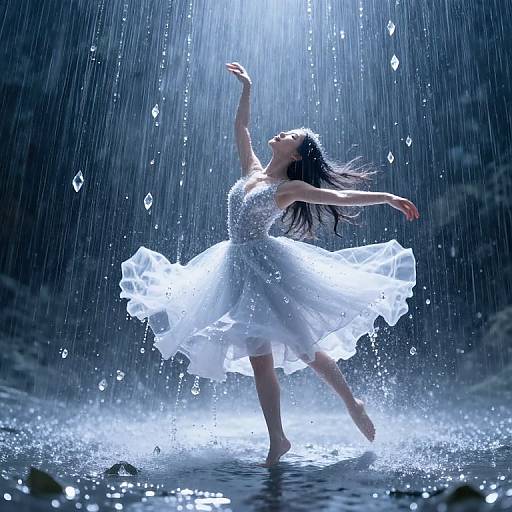 Photograph of a dancer in a sparkling white tutu, arms raised, standing in rain under bright spotlight, creating a magical, ethereal effect.