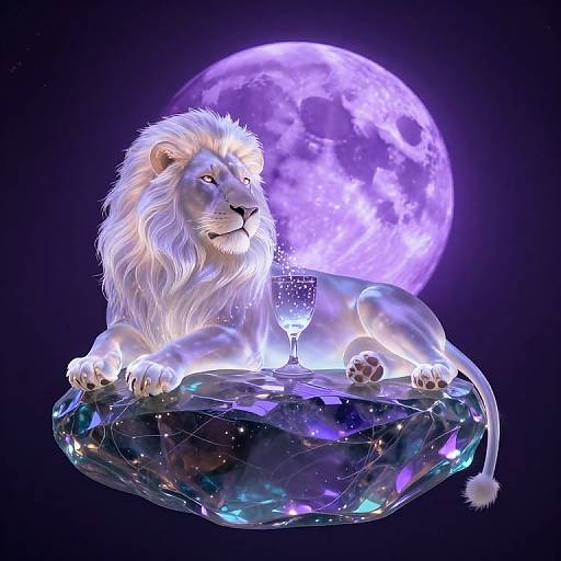 Digital art: White lion with glowing fur lounges on a crystal rock, holding a sparkling glass, with a luminous full moon backdrop.