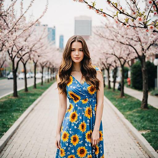 Young Woman in Blue Sunflower Dress by Cherry Blossoms