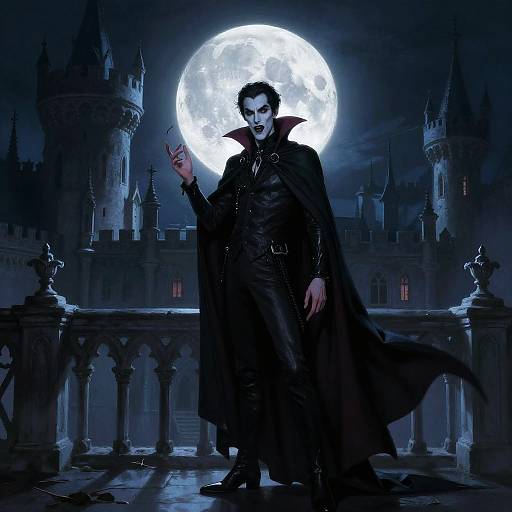Digital painting of a dark, gothic vampire with pale skin and sharp fangs, standing before a full moon, castle towers, and gothic arch