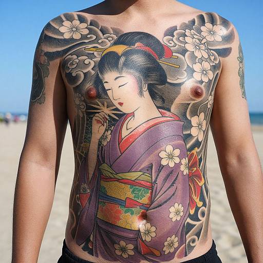 Photograph of a shirtless Asian man with intricate, colorful Japanese-style tattoo of a serene geisha on his chest, standing on a sunny beach with