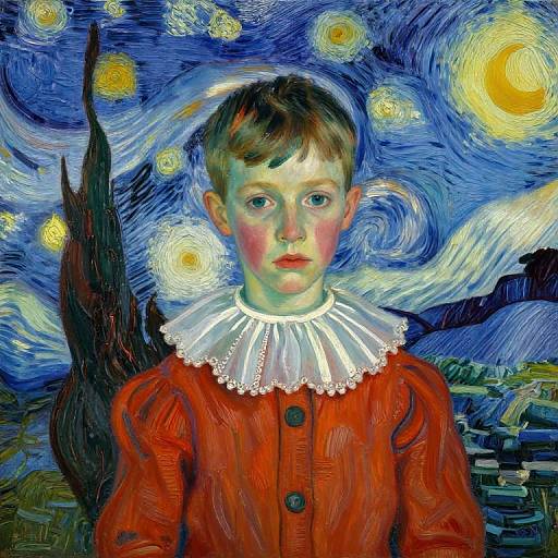 Digital painting of a young boy with rosy cheeks, wearing a red dress with a white ruffled collar, set against a swirling, starry night