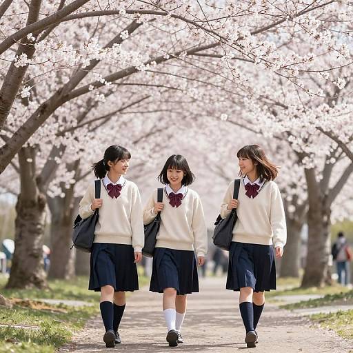 Colegialas Walking Through Cherry Blossoms