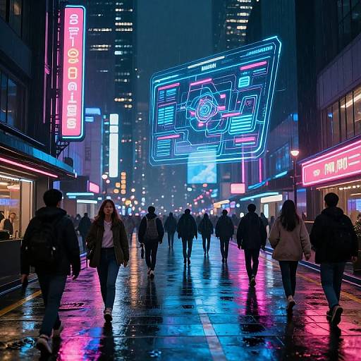 Neon-lit, rainy city street photograph at night, featuring colorful digital and vertical neon signs, wet pavement, and pedestrians walking.