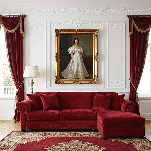 Elegant living room photo: Red velvet couch, ornate gold-framed portrait of a woman in a white gown, white walls with intricate moldings