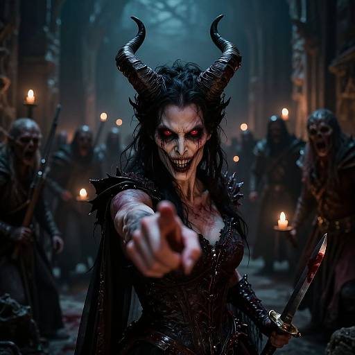 Dark, demonic woman with black horns, glowing red eyes, and bloody grin points dagger forward. Background: darkened, gothic cathedral, torches