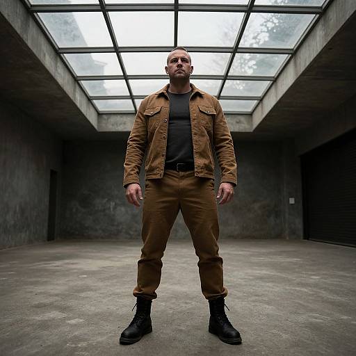Photograph of a muscular, bald man in a brown jacket, black shirt, and pants, standing confidently in a dimly lit, industrial room with