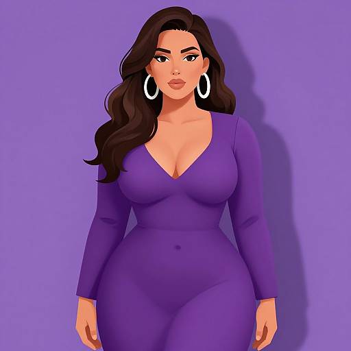Digital illustration of a curvy woman with long dark hair, wearing a tight purple dress with a deep V-neck, and large white hoop earrings, against
