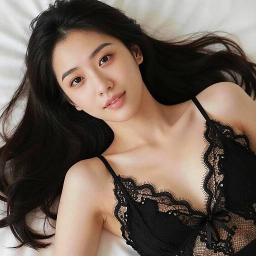 Photograph of an Asian woman with long black hair, wearing a black lace lingerie top, lying on white sheets, looking at the camera with a subtle