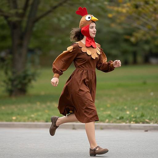 Photograph of a woman running in a brown turkey costume with a red wattle and yellow beak, brown dress, and brown shoes, in a