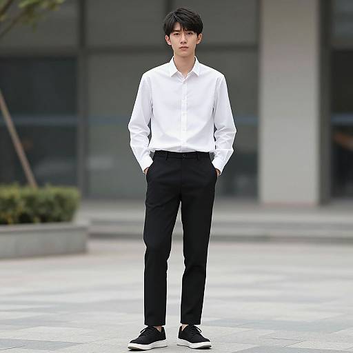 Photograph of an East Asian man with short black hair, wearing a white button-up shirt, black pants, and black shoes, standing in an urban