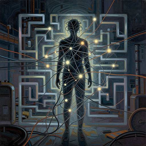 Digital art: Silhouetted figure in a dark, maze-like laboratory, surrounded by glowing yellow lights and red wires, illuminated from behind. Cyber