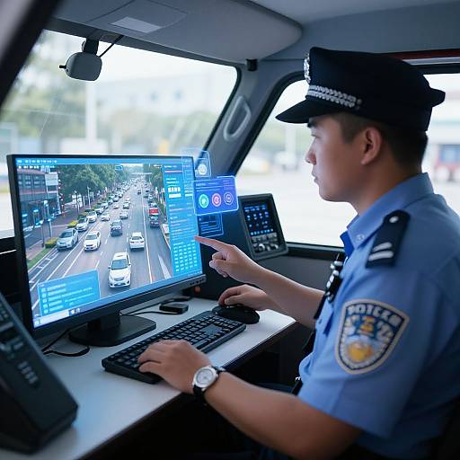 Photograph of an Asian male police officer in a blue uniform and black cap, seated in a patrol car, monitoring traffic on dual computer screens.