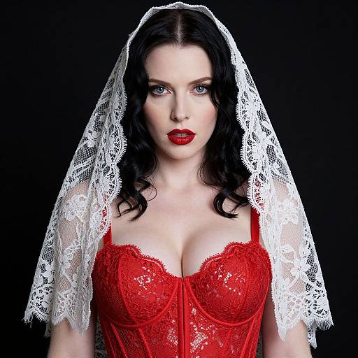 Pale Woman in Red Lace Corset