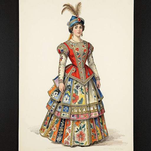 Detailed digital drawing of a woman in ornate, colorful Renaissance-style dress with floral patterns, puffed sleeves, and a feathered hat.