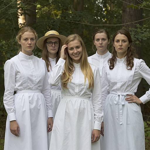 Women in Victorian-Style White Dresses in Forest