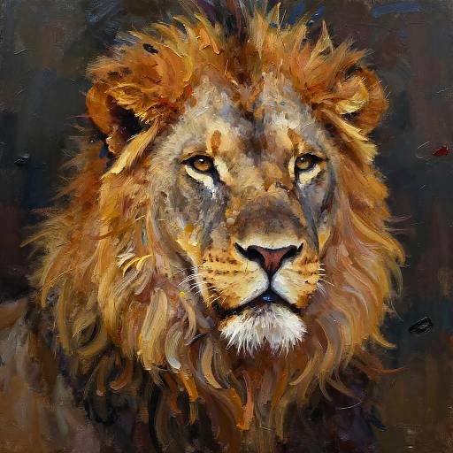 Digital painting of a regal lion with a vibrant, golden mane against a dark, abstract background, capturing intense, piercing eyes.