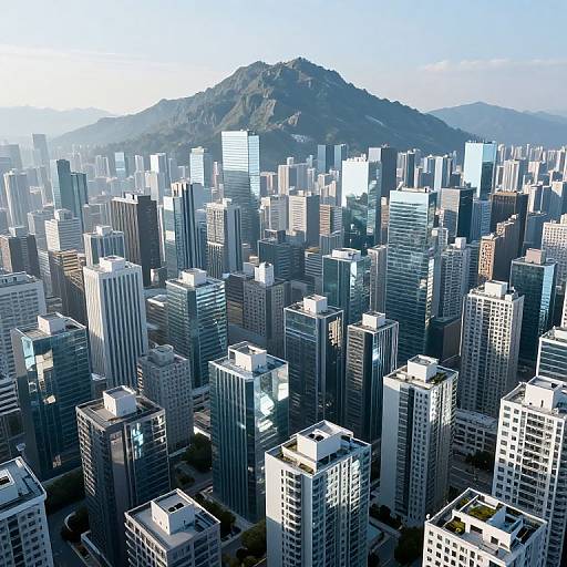 Photograph of a modern cityscape featuring numerous tall, glass-covered skyscrapers with reflective surfaces, set against a backdrop of a distant, forested