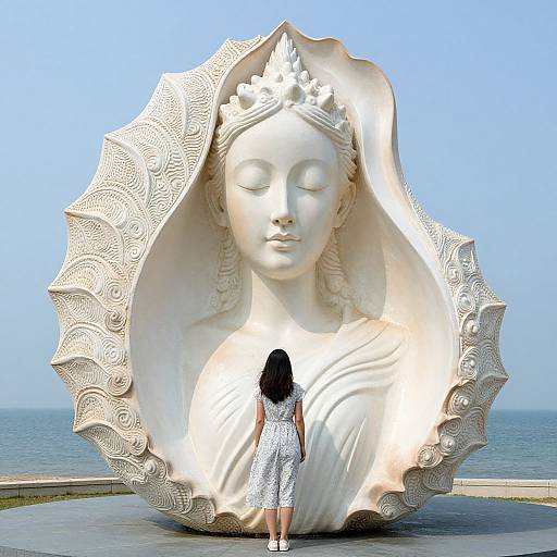 Photograph of a serene white Buddha statue with intricate patterns, standing beside a small woman in a white dress, ocean background.