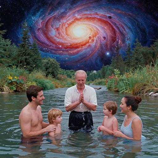 Photograph of a family in a serene pond under a vibrant, cosmic galaxy swirl; father claps hands, children and mother smile.