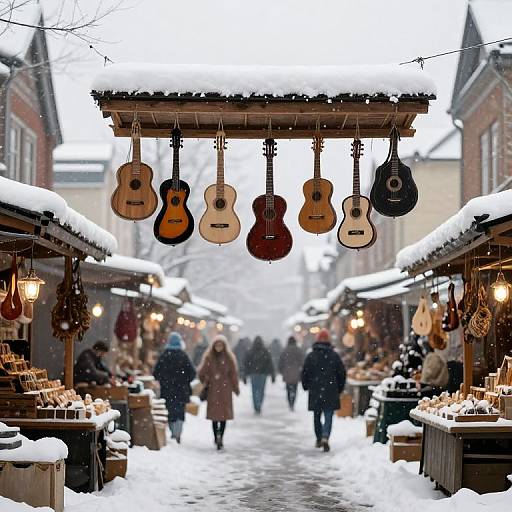 Photograph of a snowy outdoor Christmas market with guitar-shaped decorations, snow-covered stalls, and people walking in winter coats.