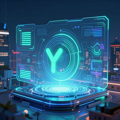 Neon-lit futuristic holographic interface with glowing blue 
