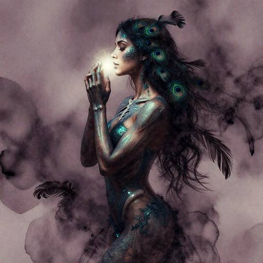 Ethereal Woman with Peacock Feathers and Luminescent Body Paint